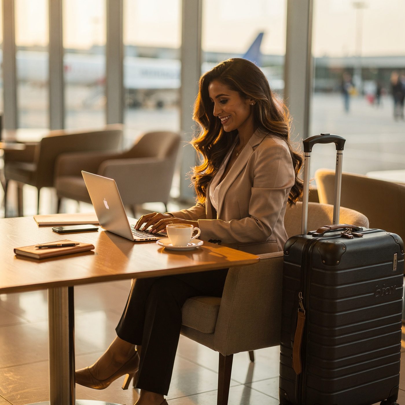 Creator working on her laptop in an airport lounge at golden hour
