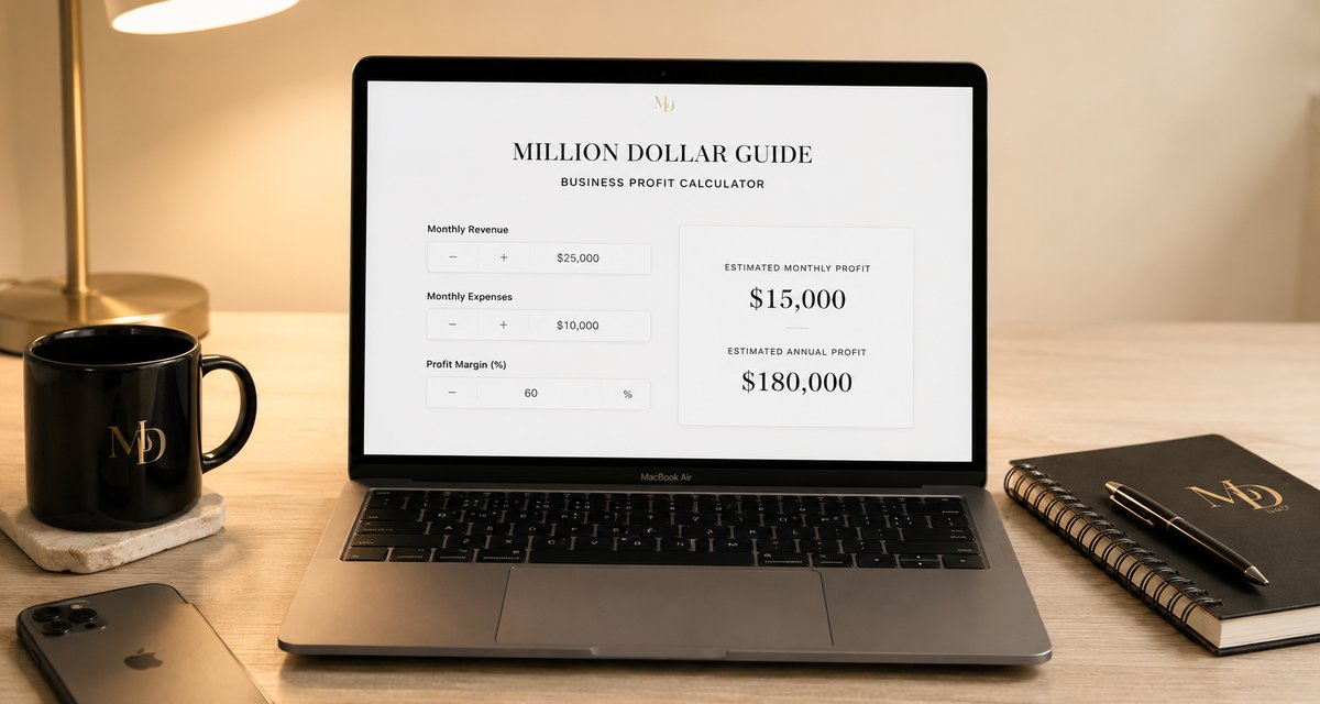 MacBook displaying the Million Dollar Guide profit calculator